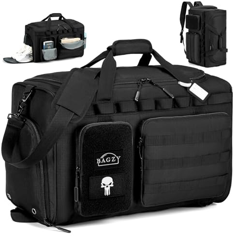 BAGZY Arbeitstasche Herren 50L Taktische Reisetasche Sporttasche mit Rucksackfunktion Einsatztasche Polizei Trainingstasche mit Schuhfach Nassfach Rucksack 55x35x25cm für Gym Fitness Weekender Schwarz