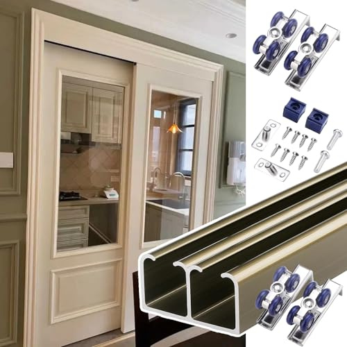 Rail Porte Coulissante Kit de Quincaillerie pour Portes Coulissantes de Cuisine, Rail pour Portes Coulissantes Doubles de Placard Coulissantes Chevauchement(Champagne,110cm(43.3in))
