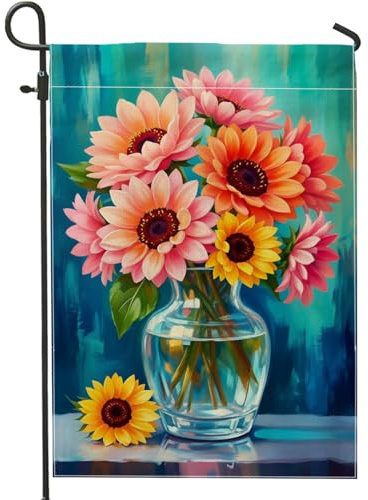 Bandiera da giardino con girasoli, fiori colorati, vaso di crisantemi, primavera, pesca, iuta, bifacciale, per esterni, portico, prato, patio, terrazzo, 12x18 pollici