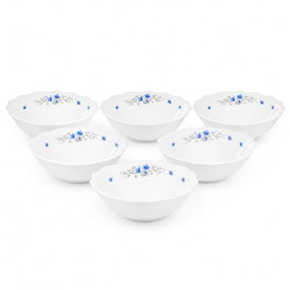 C&S Homestore Set of 6 Porcelain Soup Bowls White with Blue Floral Design, Deep Cereal Bowls for Soup, Pasta, Noodles, Dessert, Salad, Breakfast, Everyday Dining Bowl Set (5Inch / 13CM)