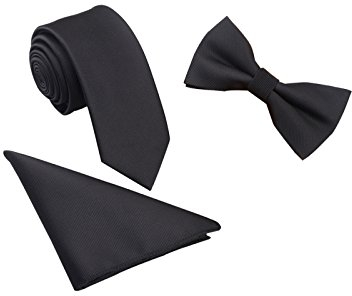 WANYING Herren Classic 6 * 12cm Fliege & 6cm Schmale Krawatte & 22 * 22 cm Einstecktuch 3 in 1 Sets - Einfarbig Schwarz