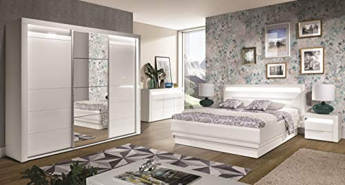 QMM TraumMoebel Schlafzimmer komplett IRIS C weiß Hochglanz Schiebetürenschrank LED Bett 180x200 Lattenrost Bettkasten Nakos Soft-Close-System