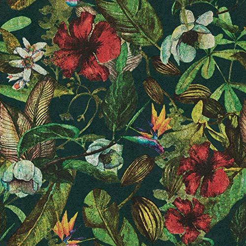 Papier peint tropical vert & rouge | Papier peint grosses fleurs hibiscus 37216-5 | Papier peint oiseaux de paradis | Papier peint exotique