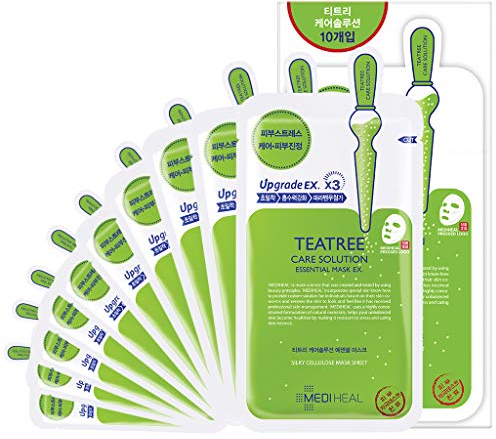 MEDIHEAL Teatree Care Solution Essential Mask, Pack of 10 Cotton Facial Sheet Mask with Tea Tree Oil and Cica Extracts, Moisturizing Facial Sheet Masks with Soothing Sensitive Skin and Sebum Control