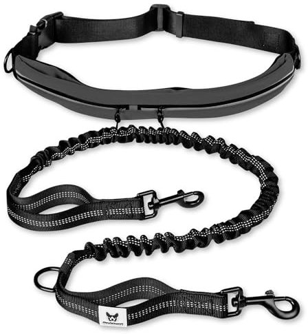 Hundefreund Joggingleine mit Bauchgurt Schwarz | Laufleine Elastisch Ruckdämpfend Reflektierend für Mittelgroße und Große Hunde bis 70 kg | Freie Hände zum Joggen Laufen Radfahren Wandern