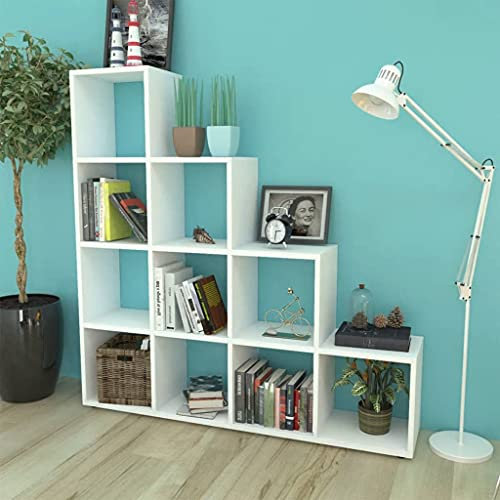 TEWTX7 Treppenregal Bücherregal mit 10 Fächer, Raumteiler, Ausstellungsregal, Organizer für Wohnzimmer, Aufbewahrungsregal für Kinderzimmer, Spanplatten