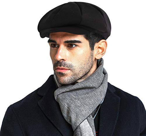 AfinderDE Herren Barett Cap Winter Schirmmütze Schiebermütze Newsboy Cap Flat Kappe Flatcap Mütze Maler Achteckige Hüte Baskenmütze , L/XL , Schwarz