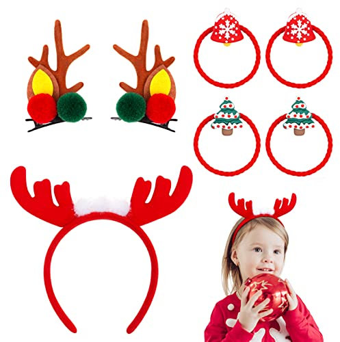 Kiiwah 7 Pièces Accessoire Cheveux Noel, Serre Tete Noel Pince Crocodile Cheveux de Renne, Elastique Cheveux pour Filles Enfants Adultes