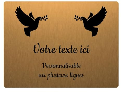 Placa grabada funeraria con diseño de dos palomas con ramitas autoadhesivas, 20 x 15 cm, personalizada, 1 a 3 líneas, oro cepillado