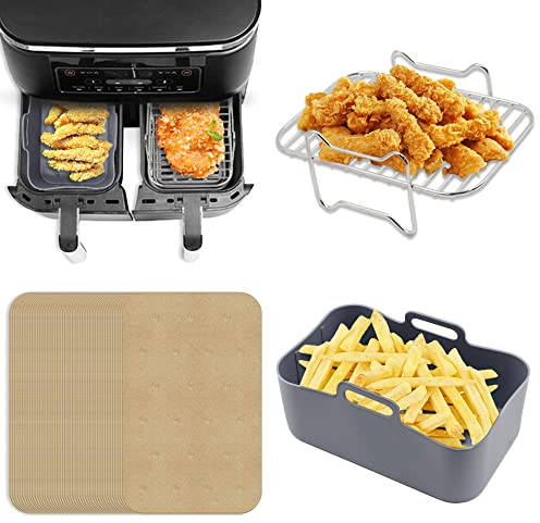 304 friteuse à air chaud en acier inoxydable et panier en silicone et 200 pièces de papier sulfurisé compatible avec Ninja Foodi AF300EU, support déshydraté, friteuse à air chaud