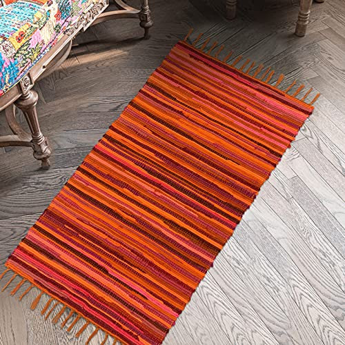 Lacomfy Teppich aus recycelter Baumwolle, 5.6x10.2 cm, mehrfarbig, Chindi-Teppich, orange, Akzent, Teppich für Schlafzimmer, Wohnzimmer, maschinenwaschbar, bunter Teppich, Orange