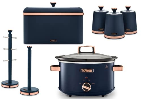 Tower Cavaletto Midnight Blue & Rose Gold 3.5L Slow Cooker, Bread Bin, Set of 3 Tea, Coffee & Sugar Canisters, Mug Tree & Towel Pole. Matching Set of 7 Kitchen Items in Midnight Blue & Rose Gold