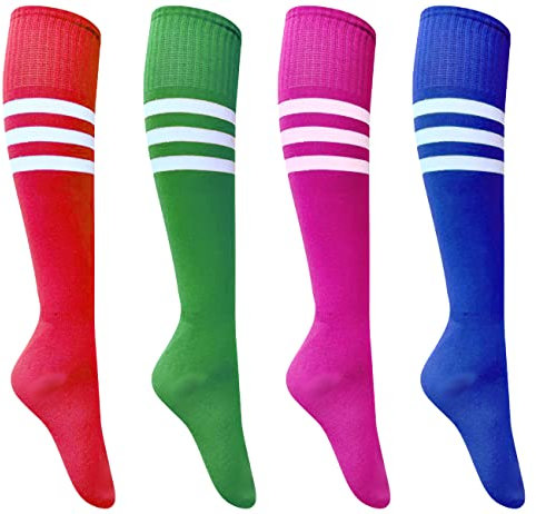 Kniestrümpfe, passend für Größe 39-45, dreifach gestreifte Rollschuhsocken, hohe Hexenkniestrümpfe, bunt, sportlich, 4 Paar, Weiß, dreifach gestreift (Rosa/Blau/Rot/Grün), 37.5-43 EU