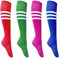 Kniestrümpfe, passend für Größe 39-45, dreifach gestreifte Rollschuhsocken, hohe Hexenkniestrümpfe, bunt, sportlich, 4 Paar, Weiß, dreifach gestreift (Rosa/Blau/Rot/Grün), 37.5-43 EU