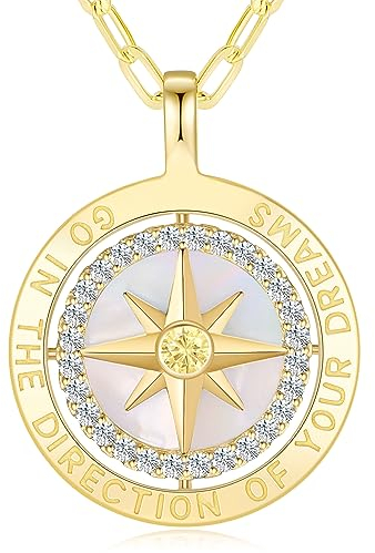 LOUISA SECRET Gold Halskette Damen Silber 925 Kompass Kette Anhänger Weißer Zirkon Schmuck Damen Geschenk für Sie Frau Freundin an Geburtstags Weihnachten Valentinstag