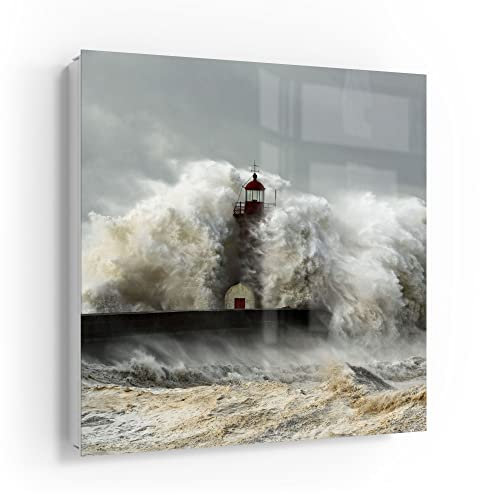 DEQORI Schlüsselkasten weiß | 30x30 cm | Motiv Leuchtturm bei Sturmflut | Glas & Metall Schlüssel-Box | Schlüsselschrank mit 50 Haken + 2 Magnete | Moderne Design Box magnetisch & beschreibbar