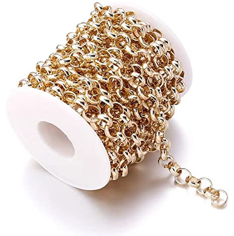 15 Feet Aluminum Curb Cross Chains 6x1.7mm Links Cable O-Shaped Chains Necklace Chain Link Gold with Spool for DIY Craft Bracelet Jewelry Making