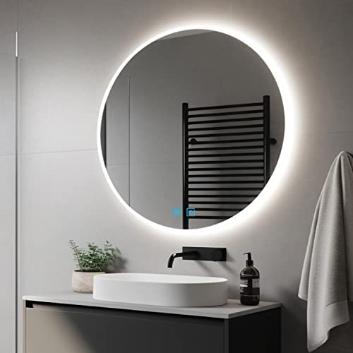 Finmrys Badspiegel mit Beleuchtung Rund 60 cm mit Touch-Schalter Beschlagfrei Badezimmerspiegel LED Dimmbar Kaltweiß Warmweiß 23.62 inch