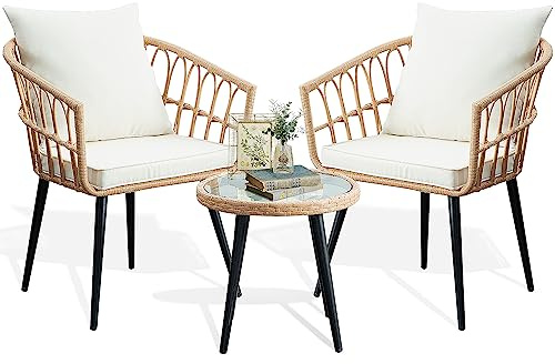 PORWEY 3 Piece Patio Bistro Set, Outdoor Wicker Apartment Balcony Furniture Sets, Rattan Table and Chairs Set of 2 for Porch Backyard Lawn Poolside Deck, Beige