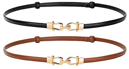 WERFORU 2 Stück Dünner Gürtel Leder Skinny Frauen Gürtel Mode Damen dünne Leder Taillengürtel für Kleider mit Goldschnalle Schwarz/Braun