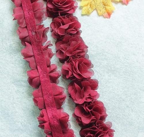YYCRAFT Spitzenband aus Chiffon, Blume, 5,1 cm, für Applikationen, Nähen, Basteln, Hochzeit, Brautkleid, DIY-Dekoration (4,5 m, Burgunderrot), 2''
