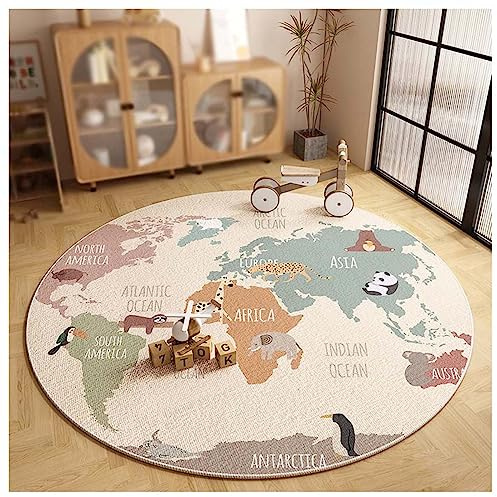 WOLWES Runder Teppich mit runder Weltkarte für Kinder, Baumwollboden(B,200cm/79in/6.5ft)