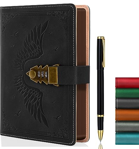ZXHQ Tagebuch mit Schloss für Frauen/Männer, geheimes Tagebuch für Mädchen, A5 Notizbuch mit Stift Set Nachfüllbares Leder Journal Schreiben Notizbuch Größe A5(15.9 × 21.5cm) Schwarz