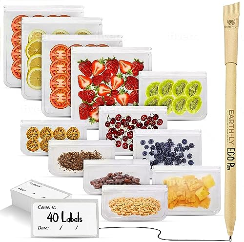 Reusable Freezer Bags: Upgrade Your Sustainable Lifestyle with Leak-Proof Storage for Fridge, Freezer & On-The-Go! Includes 12 Silicone Bags, 1 Pen, and 80 Labels, Say Goodbye to Plastic Waste!