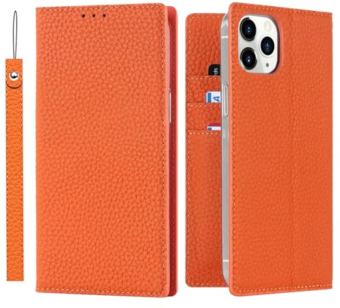 ELTEKER Hülle iPhone 12 Pro Max Handyhülle [Echtes Leder] Klapphülle mit Kartenfach,Schutzhülle Leder Hülle für iPhone 12 Pro Max-Orange