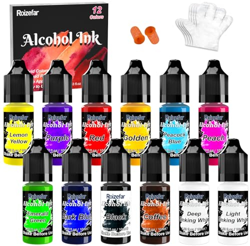 Roizefar Alcohol Ink - 12 Vivid Colours, High Concentration Alcohol Inks Set, Fast Drying Effect, Alcohols Ink for Epoxy Resin, Art Painting, Glass, 10ml Each