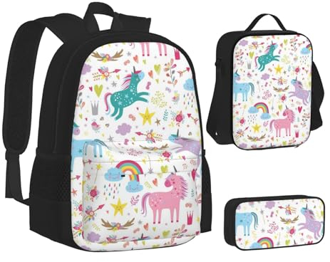 WURTON Juego de lonchera con mochila con estampado rosa de unicornios, bolsa escolar 3 en 1 y estuche a juego, Unicornios rosa, Talla única