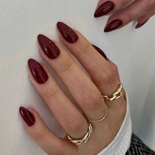 Ceboic Almond False Nails Medium, 30Pcs Wine Red French Tip Press on Nails Glossy Pure Color Gel Fake Nails, Natural Burgundy Full Cover Acrylic Oval Stick on Nails Reusable for Women and Girls