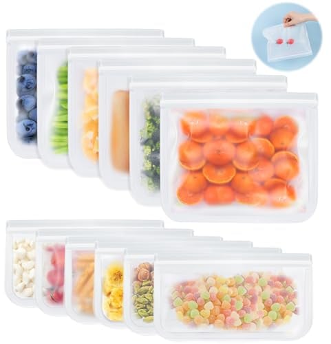 Minicoco 12 Pack Reusable Food Storage Bags Freezer Safe Snack Bags BPA Free Eco-Friendly and Leakproof Food Storage Pouches for Keeping Sandwich,Snacks,Fruit,6 Medium,6 Large (Clear)