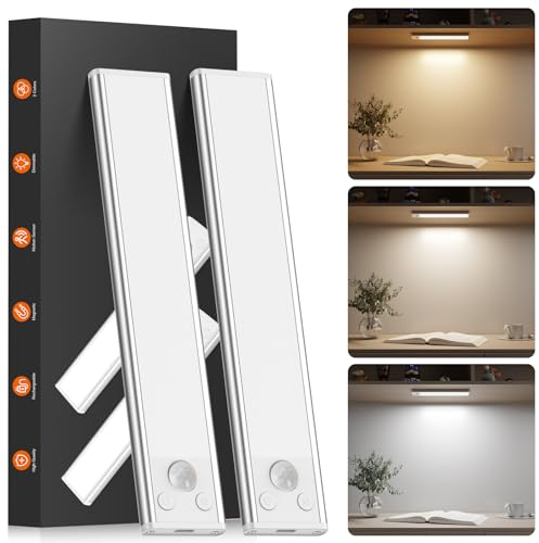 Luz LED Armario con Sensor de Movimiento, 2 Piezas 20CM Regulable Luces Led Cocina con 3 Color Modos, USB Recargable Luz LED Adhesiva Tira Magnética Nocturna para Armario, Escaleras, Pasillo, Garaje