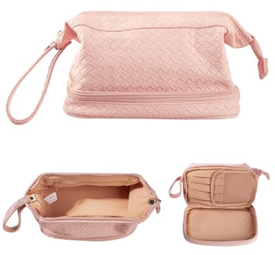 Abiudeng Große Kapazität Make-up Tasche Damen Kosmetiktasche Reisetasche mit Fächern Tragbare PU Leder Reise Make-up Tasche mit Griff, Rautenrosa, Large