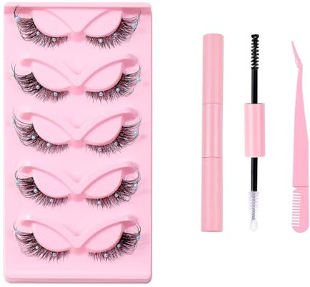 FAIRYGATE Eye Lashes Sets Pack with Glue 5 Pairs False Eyelashes Cosmetic Fluffy Lash Costume Chemical Fiber Hard Stem with Glue and Pink Tweezers, B4828