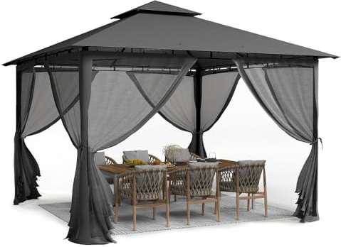 UDPATIO Pavillon 2,75x2,75m Wasserdicht Stabil Winterfest, Gartenpavillon mit Doppeldach, Moskitonetz und Metallrahmen, Doppeldach Gartenlaube für Garten, Terrassen, Grau