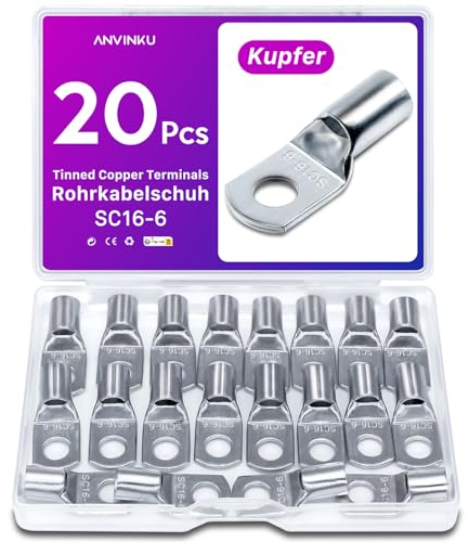 20 Pcs Battery Terminal Connectors, ANVINKU Battery Cable Connectors SC16-6 Battery Terminals, Heavy Duty Copper Battery Lugs, SC Ring Terminals for Car, Cable Lugs, Wire Terminals Crimp Connector