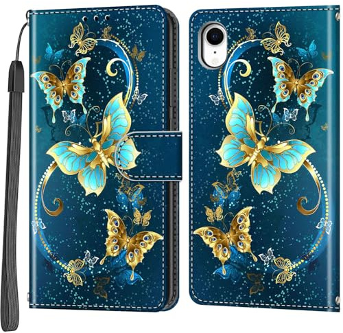 Salanheo Wallet Case for iPhone XR, Golden Green Butterfly | Card Slots, Kickstand, Shockproof, Magnetic Closure, PU Leather, Flip Wallet Book, Lanyard Strap