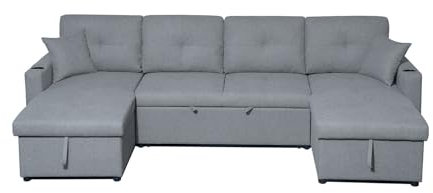 Bonded Leather Sofa Bed - U Shaped 4 Seater Fabric Sofas For Living Room Furniture - Pull Out Suite & Convertable Settee With Storage - (Grey Fabric, Right Hand Side)