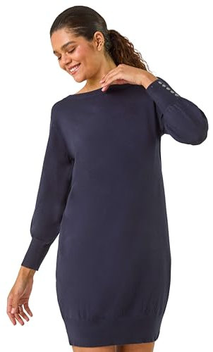 Roman Originals Knitted Jumper Dress for Women UK Ladies Stretchy Knit Knitwear Autumn Winter Casual Smart Pull On Work Long Sleeves Slouch Flattering Above Knee Short Length - Plain Navy - Size 18