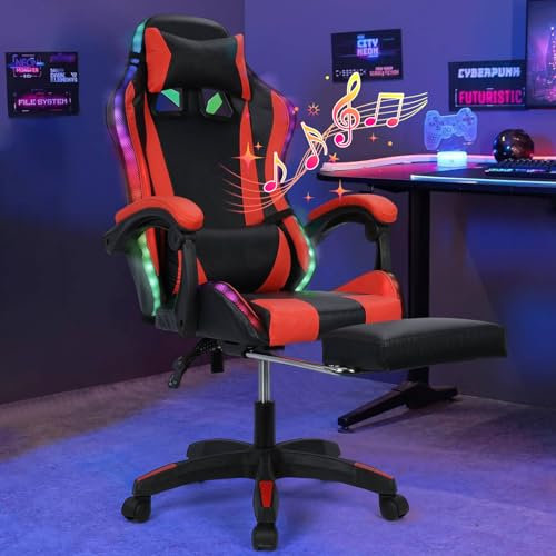 Gaming Chair for Adults, Ergonomic Gaming Chair with Footrest, High Back Video Game Chair with Headrest and Massage Lumbar Support, Reclining Computer Chair with LED Lights and Speakers