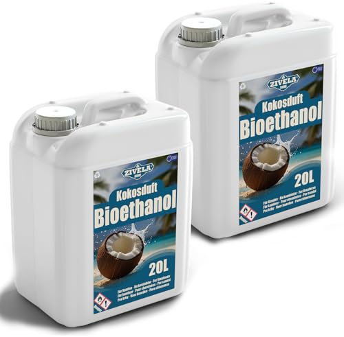 Bioetanol 96,6% 20L | Bio Alcohol Coco Aroma 96,6% 2x20L | Bioetanol para chimenea, chimenea de mesa, chimenea de bioetanol | Bioetanol Coco Aroma | Combustión limpia, sin humo, llama viva