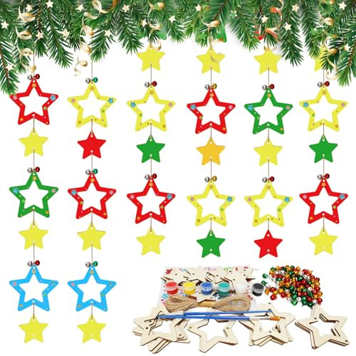 HAKOTOM 30 Stück Stern Holz Anhänger Weihnachtsstern Hängende Deko Weihnachten Holzanhänger mit Glocken Weihnachtanhänger zum Bemalen Weihnachtsdeko für Weihnachtsbaum Weihnachtskranz Fenster