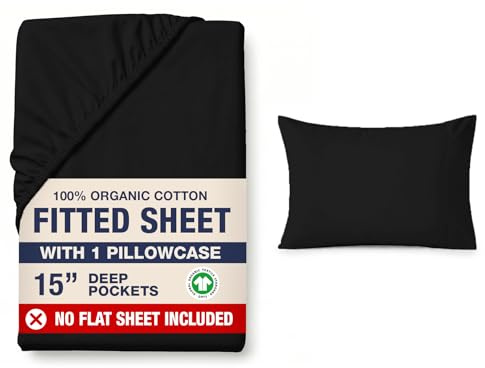LANE LINEN Small Double Fitted Sheet (4ft) – 100% Organic Cotton, Soft & Breathable with 2 Pillowcases, 35cm Deep Pocket, Elastic All Around Bottom Sheet - Black