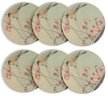 Untersetzer aus Glas, rund, Basis Kork - Sakura und Vogel, japanische Stempel, traditionelle Illustration, Kunstmotiv, 6 Stück (95 x 95 mm)