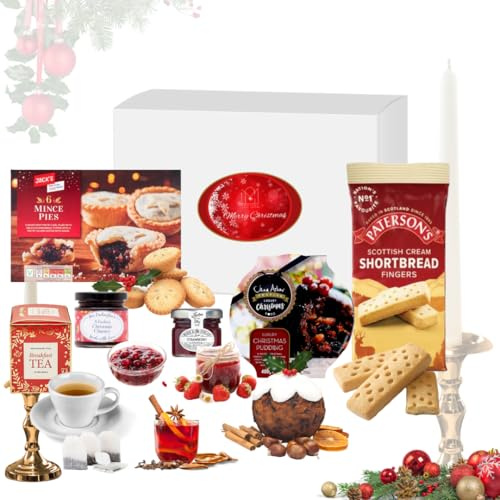 Luxury Christmas Food Hamper Basket – Includes Chutney, Mini Jam Jars, Christmas Pudding, Shortbread, Mince Pies & New English Tea – Perfect Festive Gift for Couples, Families & Women