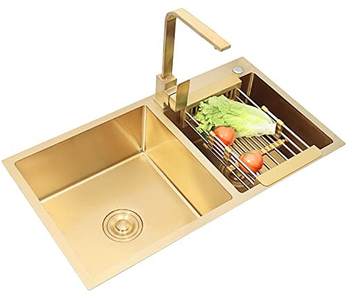 Fregadero de Cocina de Dos Senos Dorado, Fregadero de Barra, Fregadero para RV con Grifo Cuadrado y Kit de Drenaje para Cocina o Barra, Empotrado o bajo encimera, para Bares, ba