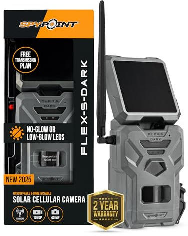 SPYPOINT Flex-S-Dark Solar Outdoor Cellular Trail Kamera - Integriertes Solarpanel, kein WLAN erforderlich, Nachtsicht Bewegungsaktivierung, Dual-Sim LTE, 40MP Fotos und 1080p mit Ton