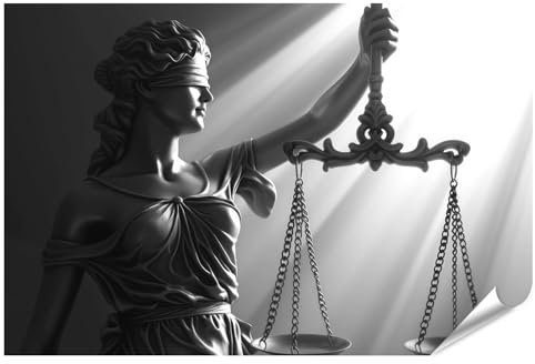 islandburner XXL Bild Poster Justizia mit verbundenen Augen und Waage in Strahlenlicht für Wohnzimmer Juristen Kanzlei Premium Bilder Fotodruck